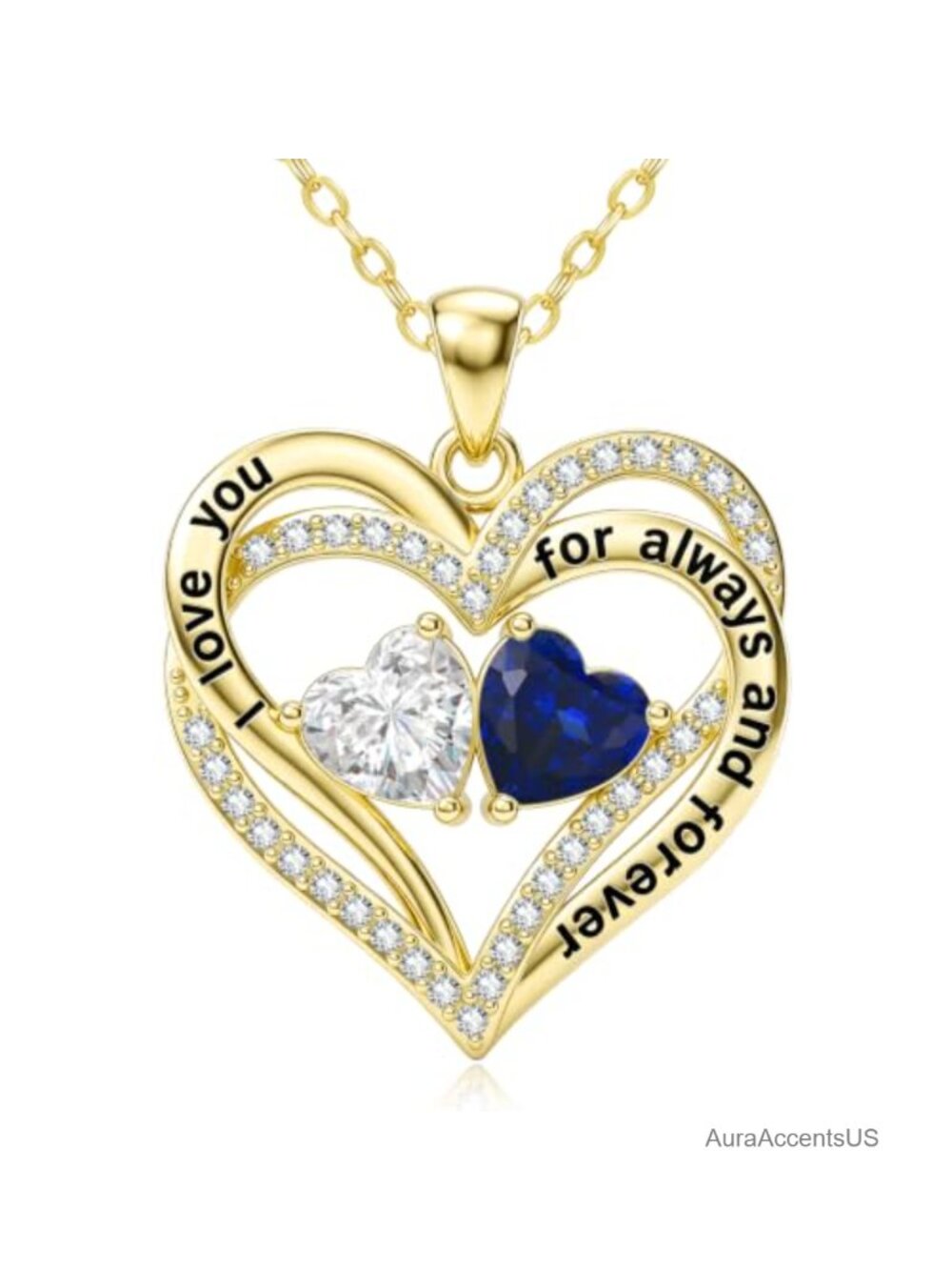 14K Gold Intertwined Double Heart Pendant Necklace with Cubic Zirconia Pave